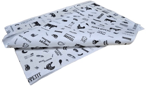 Papier do wędlin ryb serów żywności PE biały z nadrukiem 50 x 35cm arkusze 10 kg atest