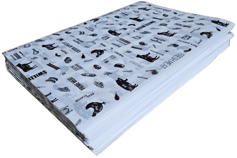 Papier do wędlin ryb serów żywności PE biały z nadrukiem 50 x 35cm arkusze 10 kg atest