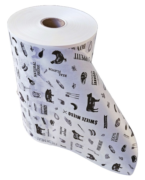 Papier do wędlin ryb serów żywności PE biały z nadrukiem rolka 35cm 10kg atest