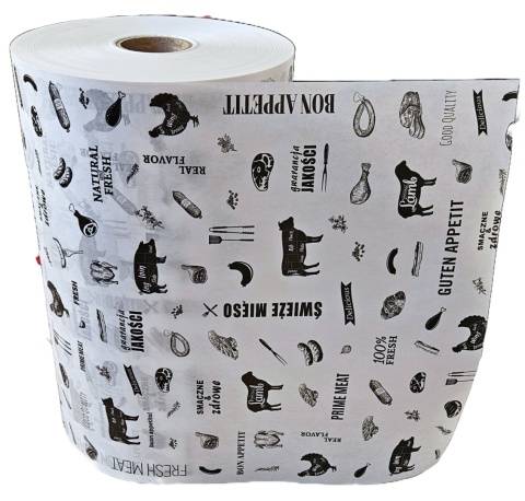 Papier do wędlin ryb serów żywności PE biały z nadrukiem rolka 35cm 10kg atest